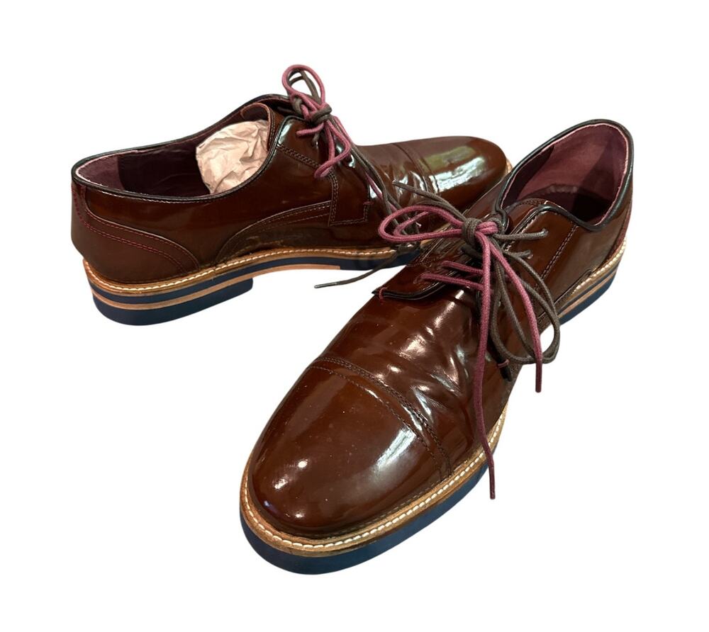 Ted Baker Layke Derby Shoes Mens 9 Brown Patent Leather Cap Toe Dress NIB